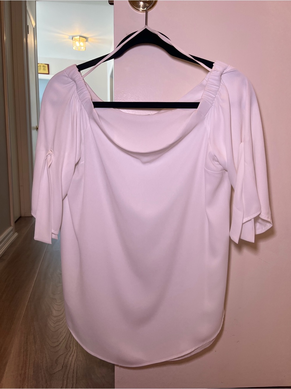 Babaton White Off-Shoulder Blouse with Gathered Shoulders